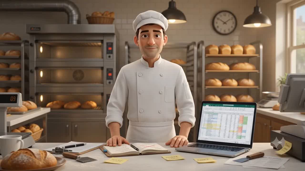 Animated bakery owner in a bakery beside a production notebook and laptop